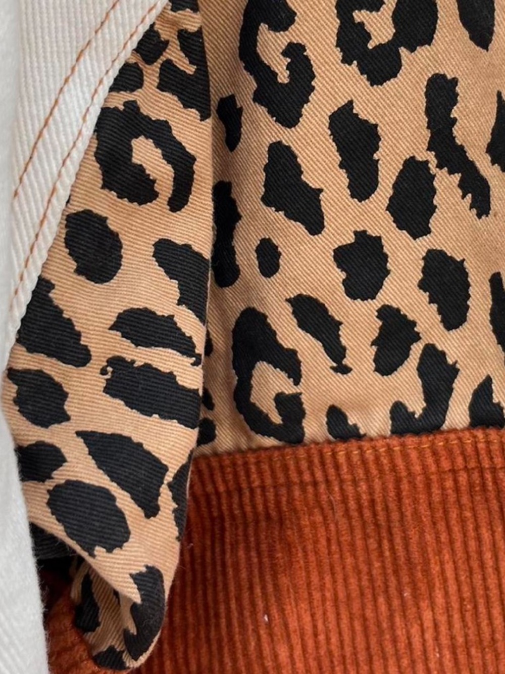 90s Colorblock Corduroy Jacket with Leopard Accent - Cream & Rust - Picture 6 of 8